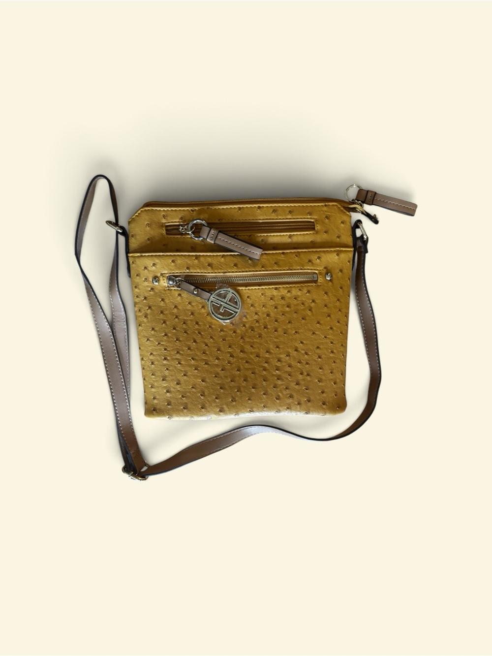Mustard Textured Crossbody Bag with Brown Strap